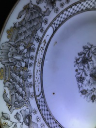 Nine Chinese grisaille and Imari-style plates, Yongzheng/Qianlong