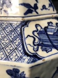 A pair of Chinese blue and white octagonal 'Three friends of winter' vases, 19th C.