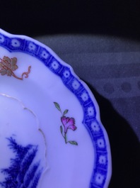 Vier Chinese famille rose koppen, drie schotels en een bord, Qianlong
