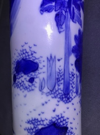 A Chinese blue and white rouleau vase with a figure in a landscape, Transitional period
