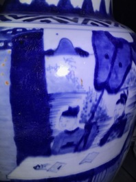 A large Chinese blue and white vase with figurative design, Transitional period