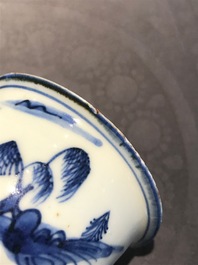 A Chinese blue and white stem cup with landscape design, Transitional period