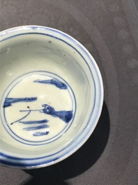 A Chinese blue and white stem cup with landscape design, Transitional period