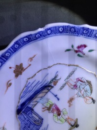 Four Chinese famille rose cups, three saucers and a plate, Qianlong