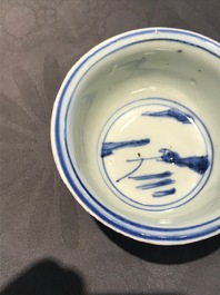 A Chinese blue and white stem cup with landscape design, Transitional period