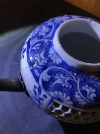 A Chinese blue and white reticulated double-walled teapot and two bowls, Transitional period