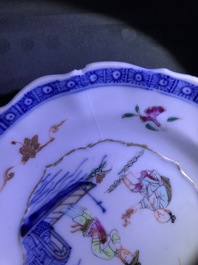 Quatre tasses, trois soucoupes et une assiette en porcelaine de Chine famille rose, Qianlong