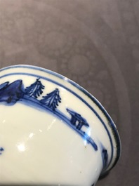 A Chinese blue and white stem cup with landscape design, Transitional period