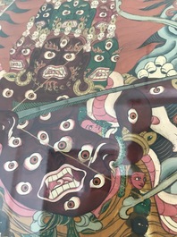 Un thangka &agrave; d&eacute;cor de Rahula dans son cadre, Tibet, 19&egrave;me