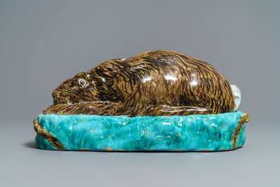 A large polychrome Brussels faience 'hare' tureen and cover, 18th C.