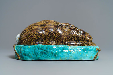 A large polychrome Brussels faience 'hare' tureen and cover, 18th C.