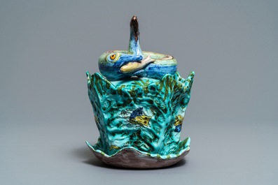 A Brussels faience eel tureen on stand with butterflies and caterpillars, late 18th C.