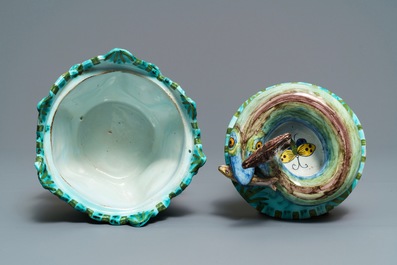 A Brussels faience eel tureen on stand with butterflies and caterpillars, late 18th C.