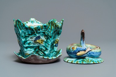 A Brussels faience eel tureen on stand with butterflies and caterpillars, late 18th C.