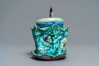 A Brussels faience eel tureen on stand with butterflies and caterpillars, late 18th C.