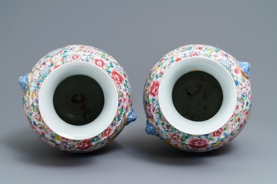 A pair of Chinese famille rose 'millefleurs' vases, Qianlong mark, Republic