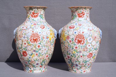 A pair of Chinese famille rose 'millefleurs' vases, Qianlong mark, Republic