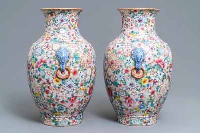 A pair of Chinese famille rose 'millefleurs' vases, Qianlong mark, Republic