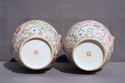 A pair of Chinese famille rose 'millefleurs' vases, Qianlong mark, Republic