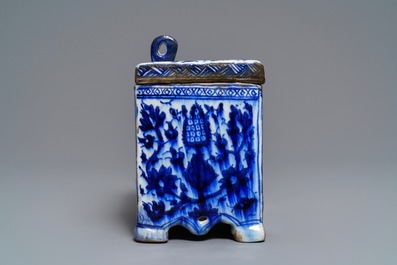 A rare blue and white Persian pottery strongbox, Qajar, Iran, 18/19th C.