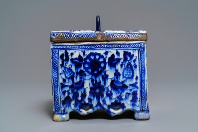 A rare blue and white Persian pottery strongbox, Qajar, Iran, 18/19th C.