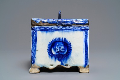 A rare blue and white Persian pottery strongbox, Qajar, Iran, 18/19th C.