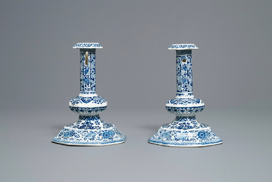 A rare pair of Dutch Delft blue and white candlesticks, 17/18th C. (naar tefaf)