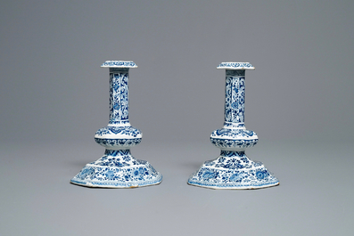 A rare pair of Dutch Delft blue and white candlesticks, 17/18th C. (naar tefaf)
