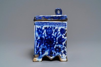 A rare blue and white Persian pottery strongbox, Qajar, Iran, 18/19th C.