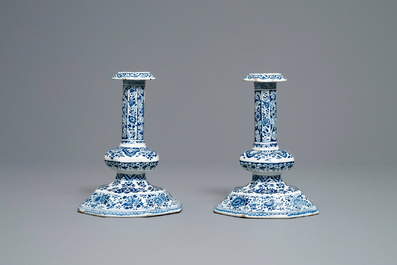 A rare pair of Dutch Delft blue and white candlesticks, 17/18th C. (naar tefaf)