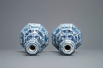 A rare pair of Dutch Delft blue and white candlesticks, 17/18th C. (naar tefaf)