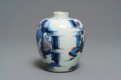 A fine Dutch Delft blue, white and manganese chinoiserie vase, 2nd half 17th C.