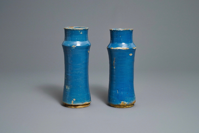 A pair of monochrome blue albarelli, Spain, 17th C.