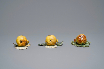 Five polychrome Dutch Delft models of apples and pears, 18th C.