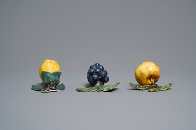 Six polychrome Dutch Delft models of apples, grapes and pears, 18th C.