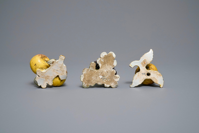 Six polychrome Dutch Delft models of apples, grapes and pears, 18th C.