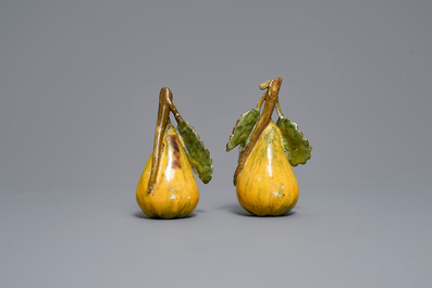 Two polychrome Dutch Delft models of pears, 18th C.