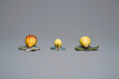 Five polychrome Dutch Delft models of apples, pears and a plum, 18th C.