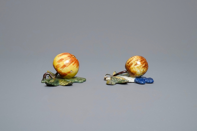 Five polychrome Dutch Delft models of apples, pears and a plum, 18th C.