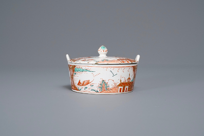 A Dutch Delft dor&eacute; chinoiserie landscape butter tub and cover, 18th C.