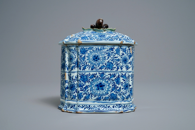 A rare Dutch Delft blue and white covered box with polychrome chestnut finial, 18th C.