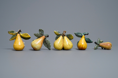 Five polychrome Dutch Delft models of pears, 18th C.