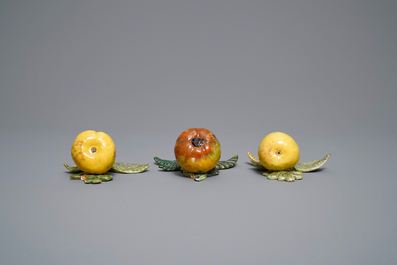 Six polychrome Dutch Delft models of apples, grapes and pears, 18th C.