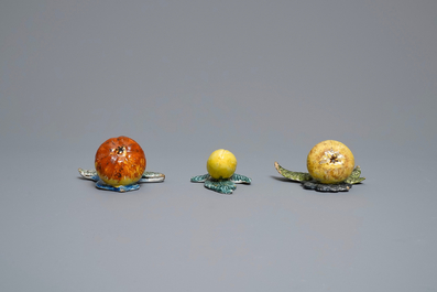 Five polychrome Dutch Delft models of apples, pears and a plum, 18th C.