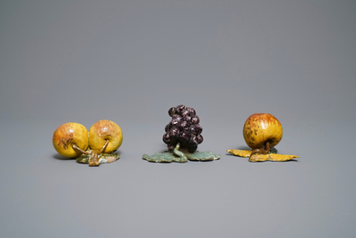 Six polychrome Dutch Delft models of apples, grapes and pears, 18th C.