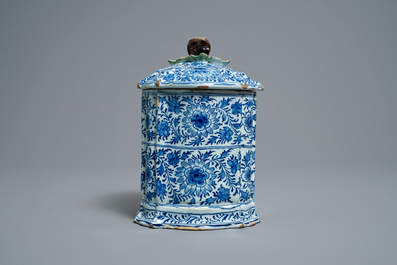 A rare Dutch Delft blue and white covered box with polychrome chestnut finial, 18th C.