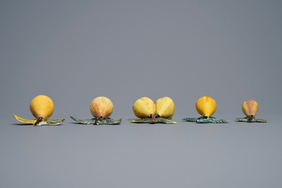 Five polychrome Dutch Delft models of pears, 18th C.