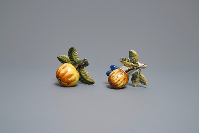 Five polychrome Dutch Delft models of apples, pears and a plum, 18th C.