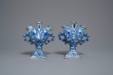 A pair of Delft-style blue and white heart-shaped tulip vases, Nurnberg, Germany, 18th C.