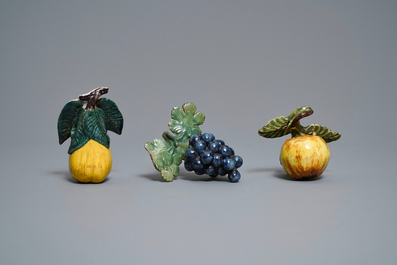 Six polychrome Dutch Delft models of apples, grapes and pears, 18th C.